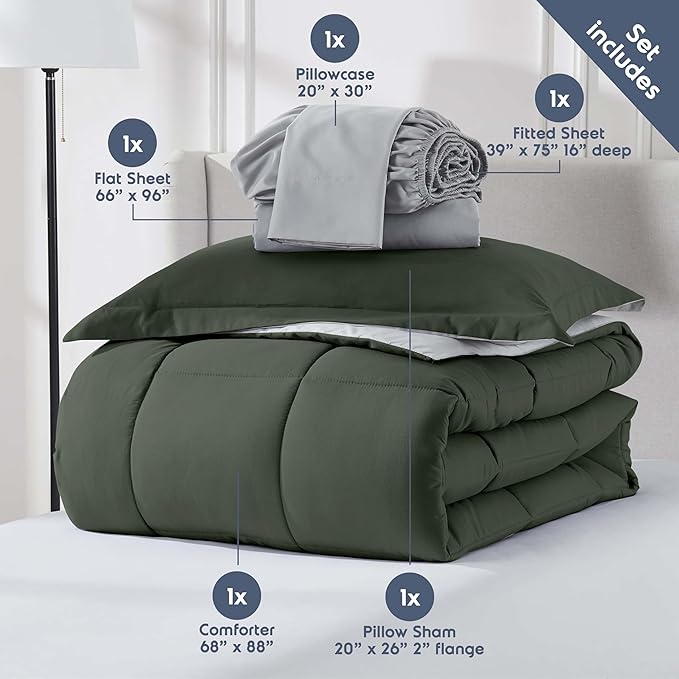 Nestl 5 Piece Twin Comforter Set – Olive Green Reversible Bed in a Bag – Complete Twin Size Bedding Set with Sheets, Pillowcase and Sham