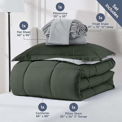 Nestl 5 Piece Twin Comforter Set – Olive Green Reversible Bed in a Bag – Complete Twin Size Bedding Set with Sheets, Pillowcase and Sham