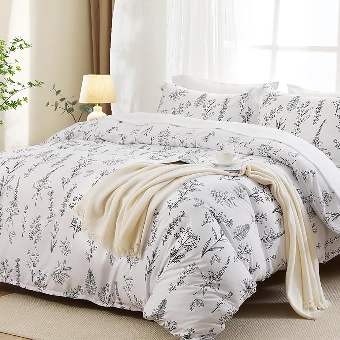 MUXHOMO White Full Comforter Set, Elegant Floral Print Bed in a Bag 7 Pieces, Ultra Soft & Breathable Reversible Botanical Pattern Bedding Set with Comforter, Sheets, Pillowcases, and Shams