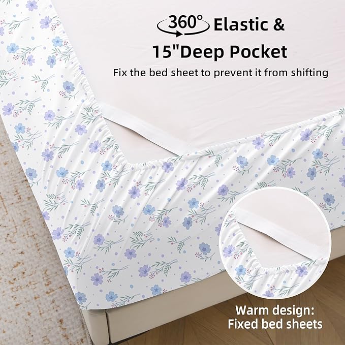 Floral King Comforter Set with Sheets, 7 Piece Luxury Vintage Bedding, Soft Microfiber Bed in a Bag, Cozy Lightweight Bed Set, Purple Flower Green Leaf