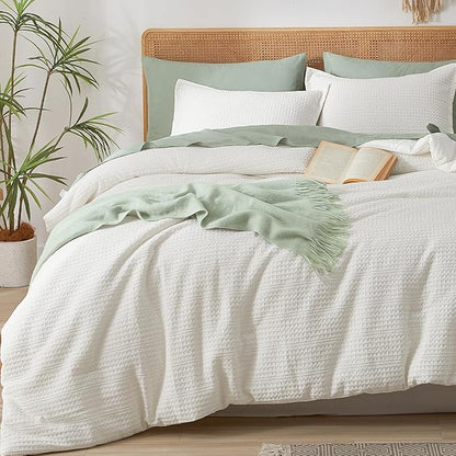 PHF Soft Waffle Comforter Set Twin Size- Comfy Breathable Waffle Weave Comforter with 1 Pillow Shams, 2 Pieces Less Snagging Lightweight Textured Bedding Set for All Season, Cream