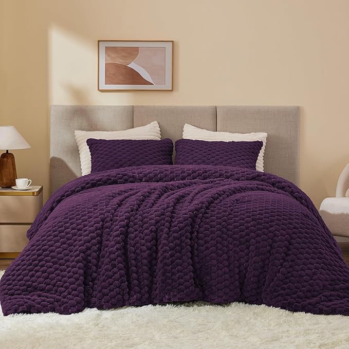 BEDELITE Fluffy King Size Comforter Set - Purple Fleece Soft Comforter for King Size Bed, Luxury Warm Bedding Set for Winter, Fuzzy Bed Set 3 Pieces (1 Comforter, 2 Pillowcases)