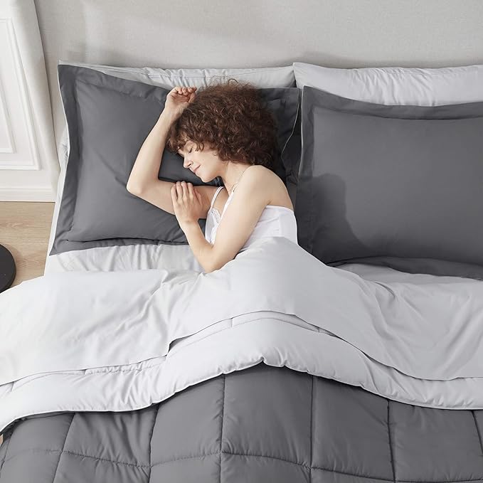 Nestl 7 Piece California King Comforter Set – Dark Grey Reversible Bed in a Bag – Complete Cal King Size Bedding Set with Sheets, Pillowcases and Shams