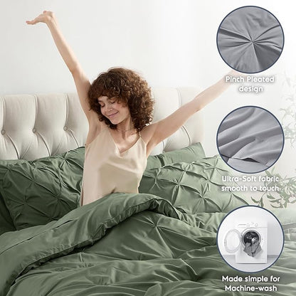Nestl Queen Comforter Set 7 Piece - Pinch Pleated Comforters Queen Size Olive Green, Bed in a Bag Queen All Season, Queen Comforter Sets Bedding with Flat Sheet and Fitted Sheet, Pillowcases and Shams