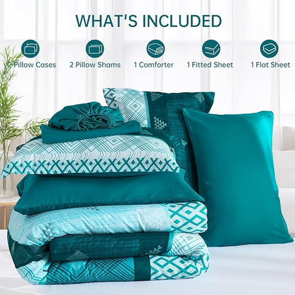 Xruibed Teal King Comforter Set 7 Pieces, Boho Striped Bed in a Bag King Size Soft Microfiber All Season Bedding Set with Comforter, Sheets, Pillowcases & Shams(104"×90")