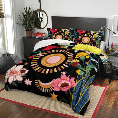 3 Pieces Black Boho Floral Comforter Set,Paisley Bedding Set Full Size,Colorful Flower Leaves Printed on Black Design,All Season Lightweight Soft Microfiber Bedding with 2 Pillow Shams