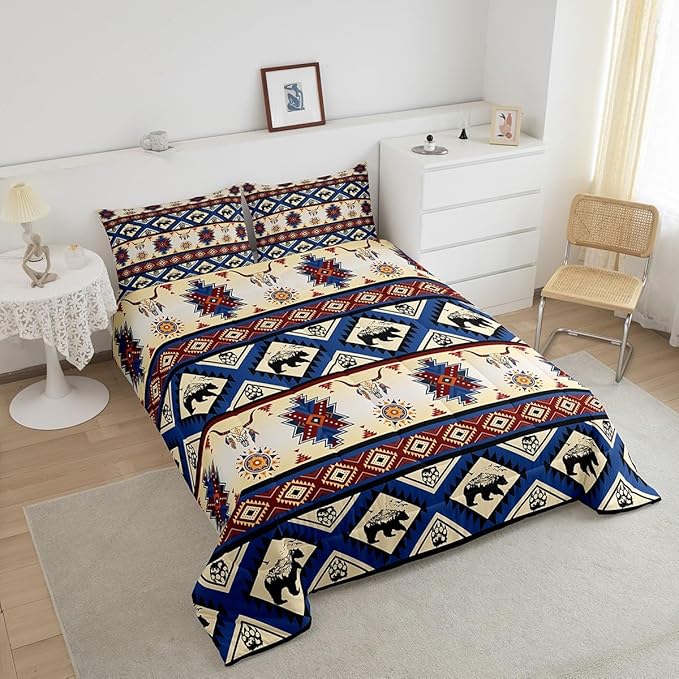 Erosebridal Black Bear Bedding Sets Exotic Bull Skull Western Comforter Set King,Ethnic Tribe Arrow Aztec Quilt Tribal Geometric Diamond Duvet Insert,Woodland Animals Boho Western Decor,Red Blue
