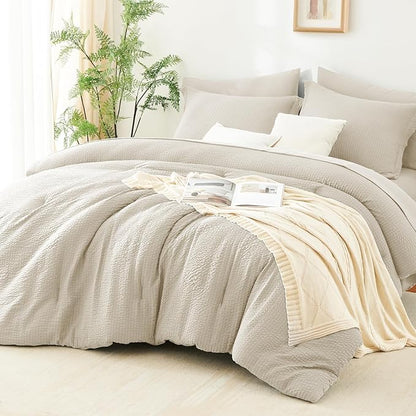 CozyLux King Size Comforter Set Beige - 7 Pieces Striped Seersucker Bed in a Bag, Soft Lightweight Boho Bedding Set with All Season Comforters King Size, Sheets, Pillowcases & Shams