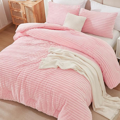 Andency Pink Comforter Set Queen, 3 Pieces Fleece Comforter for Queen Size Bed, Soft Warm Fluffy Fuzzy Luxury Plush Bedding Comforter Set for Winter (1 Comforter & 2 Pillowcases)