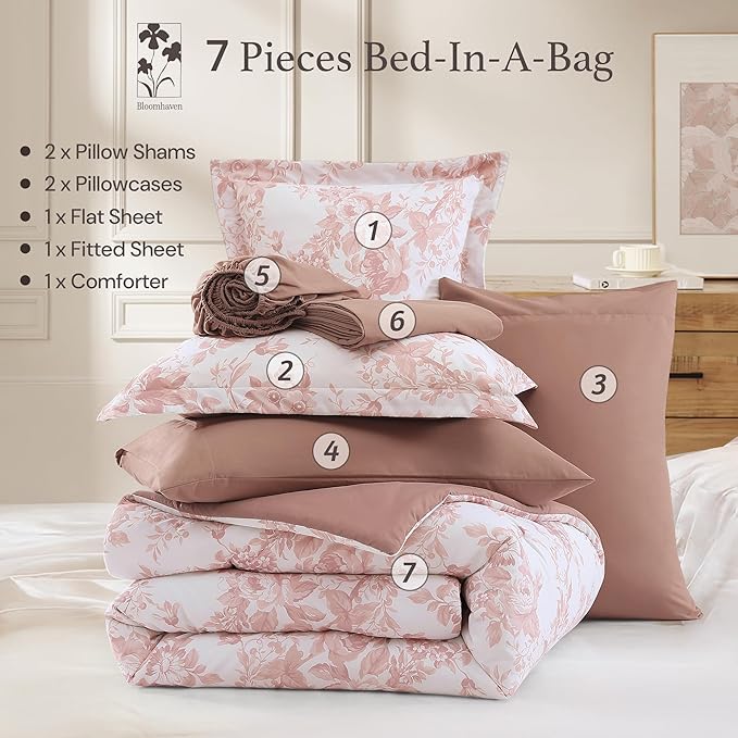 California King Comforter Set -7 Pieces Floral Rose Bedding Set for All Seasons, Bed in a Bag with Botanical Flowers Comforter, Sheets, Pillowcases & Shams