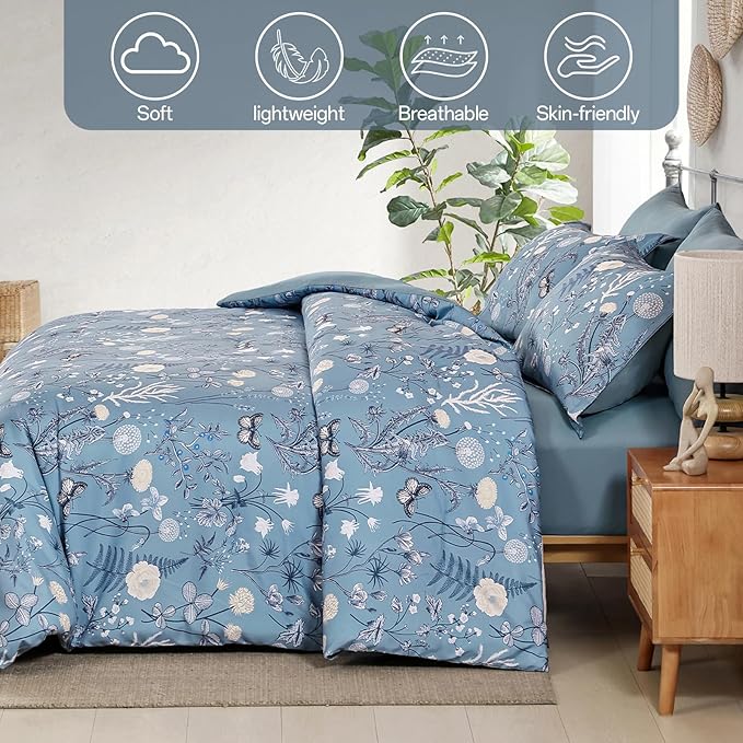 Yiran Blue Comforter Set King Size, 7 Piece Floral Comforter Bedding Set, Botanical Farmhouse Bed in a Bag, Soft Microfiber Complete Bedding Set with Sheets for All Season