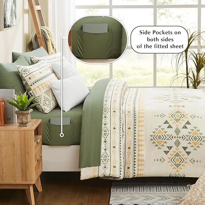 Geniospin King Size Comforter Set- 7 Pieces Boho Bed in a Bag, Western Bedding Set for All Seasons, Reversible Aztec Bedding, Lightweight Comforter Bed Set with Sheets, Pillowcases & Shams
