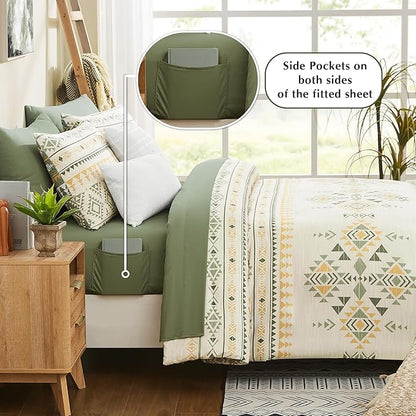 Geniospin Full Comforter Set - 7 Pieces Bed in a Bag, Comfortable Western Bedding Sets for All Seasons, Lightweight Soft Boho Comforter Bed Set with Sheets, Pillowcases & Shams