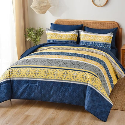WONGS BEDDING Boho Comforter Set King, 7 Pieces Navy Blue and Yellow Comforter Set Bohemian Bed in A Bag Striped Paisley Floral Comforter and Sheet Set Soft Microfiber Bedding Set for All Season