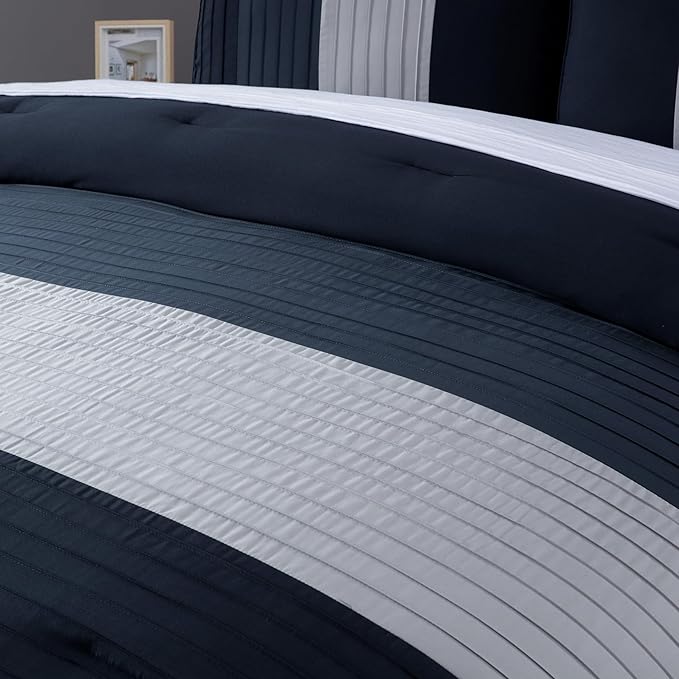 Chezmoi Collection Briar 7-Piece Queen Bed in a Bag - All Season Lightweight Microfiber Comforter Set - Includes Sheets & Shams - Navy/Blue/Gray Pleated Stripe Design