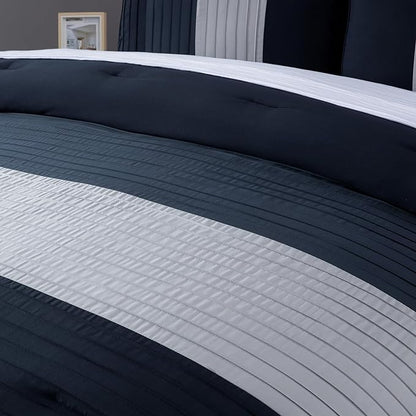 Chezmoi Collection Briar 7-Piece King Bed in a Bag - All Season Lightweight Microfiber Comforter Set - Includes Sheets & Shams - Navy/Blue/Gray Pleated Stripe Design