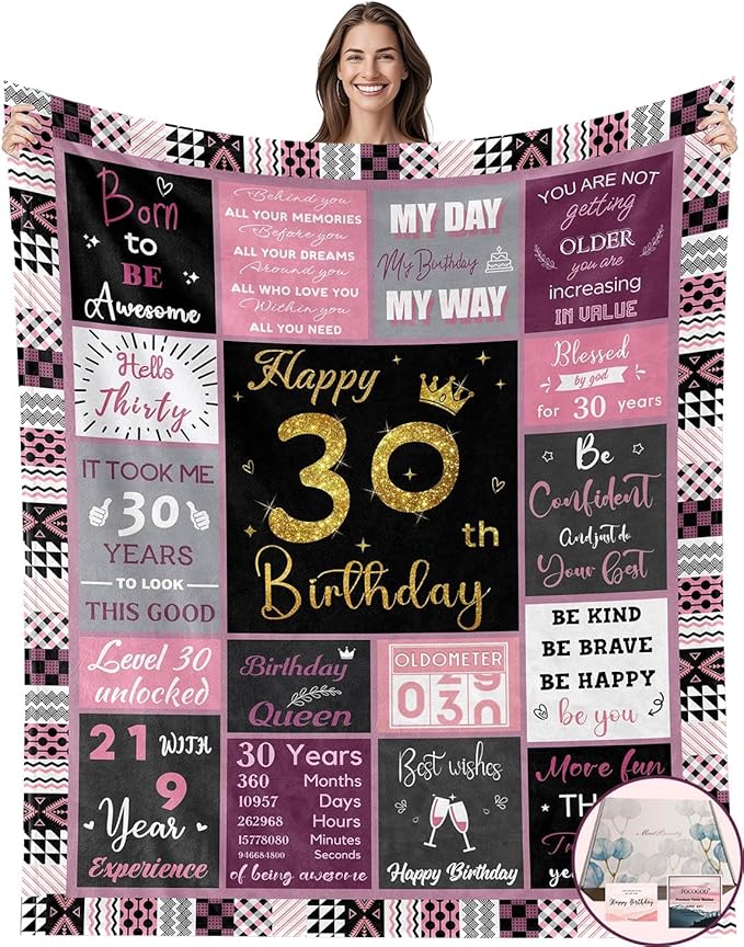30 Birthday Gifts for Women, 30th Birthday Blanket with Gift Box for Women, Gifts for 30th Birthday, Happy 30th Birthday Decorations Gift Ideas for Her, 30th Birthday Gifts Throw Blanket 60"x50"