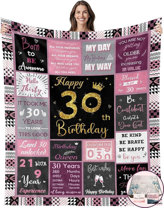 30 Birthday Gifts for Women, 30th Birthday Blanket with Gift Box for Women, Gifts for 30th Birthday, Happy 30th Birthday Decorations Gift Ideas for Her, 30th Birthday Gifts Throw Blanket 60"x50"