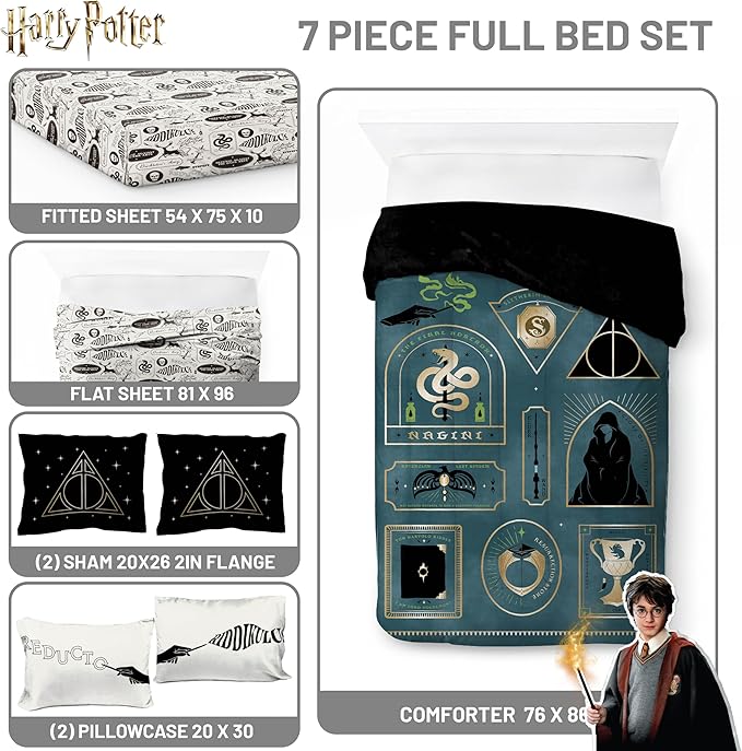 Jay Franco Kids Comforter Set Includes Sheets and Pillow Covers - Soft and Cozy Bed Set for Stylish Room Decor, Blue - Harry Potter, 7 Piece Full Size Bedding