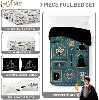 Jay Franco Kids Comforter Set Includes Sheets and Pillow Covers - Soft and Cozy Bed Set for Stylish Room Decor, Blue - Harry Potter, 7 Piece Full Size Bedding
