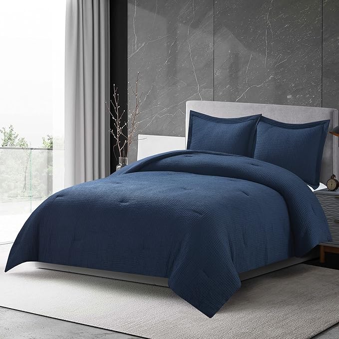 Chezmoi Collection Wilmer 3-Piece Waffle Weave Comforter Set - Soft and Cozy All Season Bedding Set, King, Navy