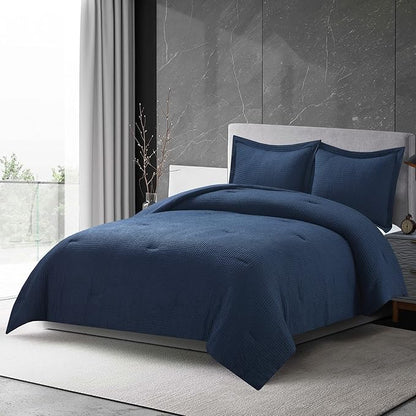 Chezmoi Collection Wilmer 3-Piece Waffle Weave Comforter Set - Soft and Cozy All Season Bedding Set, King, Navy