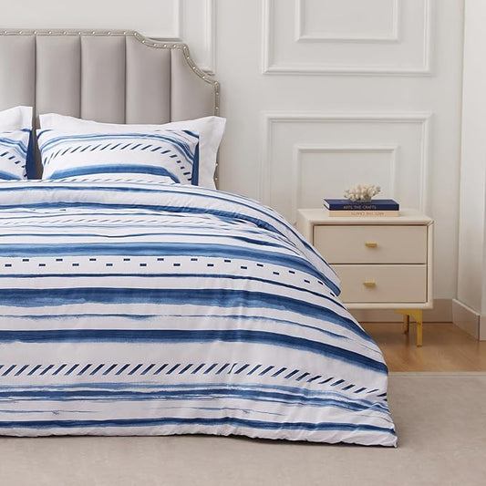 Sophia & William White and Blue Striped Comforter Set for All Season, 3 Pcs Cotton Bedding Comforter Set with Geometric Printed Comforter & 2 Pillowcases, King Size Lightweight Bedding Set