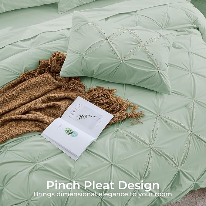 Sasttie Twin Comforter Set, 5-Piece Bed in a Bag, Pintuck Bedding Set for All Season, Includes Comforter, Flat Sheet, Fitted Sheet, Pillowcase and Pillowsham, Sage