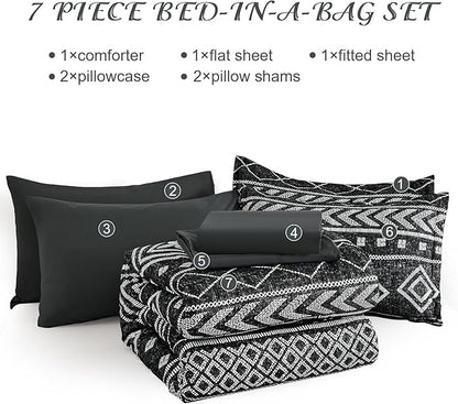 Yiran Queen Comforter Set, 7 Pieces Black Reversible Bedding Set, Boho Aztec Bed in A Bag, Lightweight Soft Bed Comforter Set with Sheets, Pillowcases & Shams