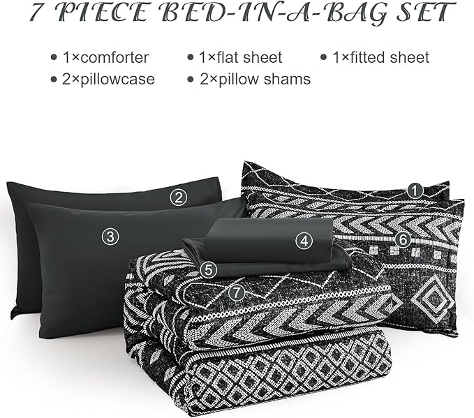 Yiran Black Comforter Set Full Size, Boho Aztec Comforter Bedding Set, 7 Piece Bohemian Summer Bed in a Bag, Soft Microfiber Striped Complete Bedding Set with Sheets for All Season
