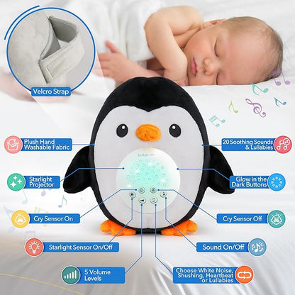 Bubzi Co Sound Machine, Portable Penguin Soother & Night Light Projector, Comforting Electronic Infant Toddler Sleep Aid & Shush with White Noise