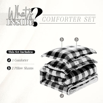 Elegant Comfort 3-Piece Buffalo Lodge-Plaid Comforter Set, Luxurious, Heavyweight, All Season, Down Alternative-Micromink Sherpa-Backing Reversible Micro-Suede, Soft and Plush, Twin, Black/White