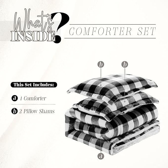 Elegant Comfort 3-Piece Buffalo Lodge-Plaid Comforter Set, Luxurious, Heavyweight, All Season, Down Alternative-Micromink Sherpa-Backing Reversible Micro-Suede, Soft and Plush, King, Black/White