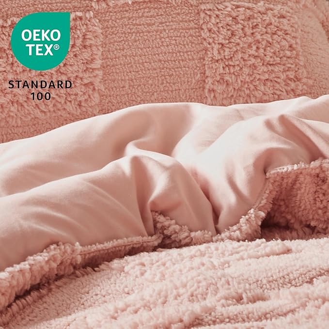 Joiedomi Tufted King Size Comforter Set, 3 Pieces Coral Pink Boho King Bedding Set with 1 Plaid Geometric Comforter and 2 Pillow Shams, Checkered Bed in a Bag for All Seasons
