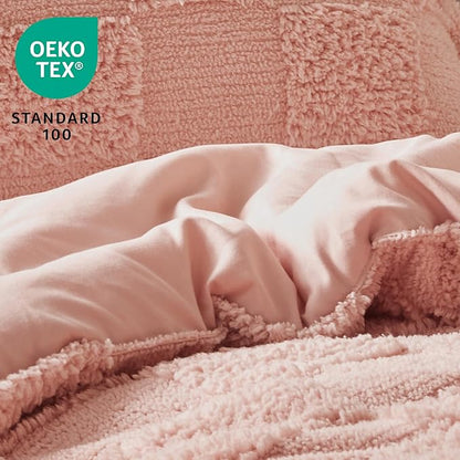 Joiedomi Tufted Twin Comforter Set, 2 Pieces Coral Pink Boho Twin Bedding Set with 1 Plaid Geometric Comforter and 1 Pillow Sham, Checkered Bed in a Bag for All Seasons