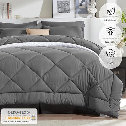 Newspin Twin Comforter Set Grey - Bed in a Bag Twin Size 6 Pieces, All Season Bed Set, Fluffy Comforter Set with Sheets, Sheet Set Quilt Blanket, Pillowcases & Shams & Bed Skirt