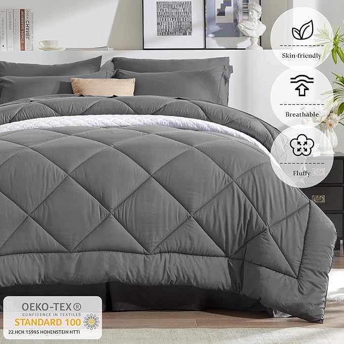Newspin California King Comforter Set Grey - Bed in a Bag California King Size 8 Pieces, All Season Bed Set, Fluffy Comforter Set with Sheets, Sheet Set Quilt Blanket, Pillowcases & Shams & Bed Skirt
