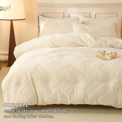 Tufted Boho Comforter Set King - White Fluffy Sherpa Bedding Set, Soft Fuzzy Jacquard Quilt Set, 3 Pieces Cozy Bed Set Warm Comforter for Winter(104"X90")
