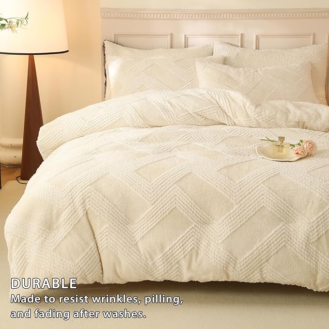 Tufted Boho Comforter Set Twin - White Fluffy Sherpa Bedding Set, Soft Fuzzy Jacquard Quilt Set, 2 Pieces Cozy Bed Set Warm Comforter for Winter(68"X90")