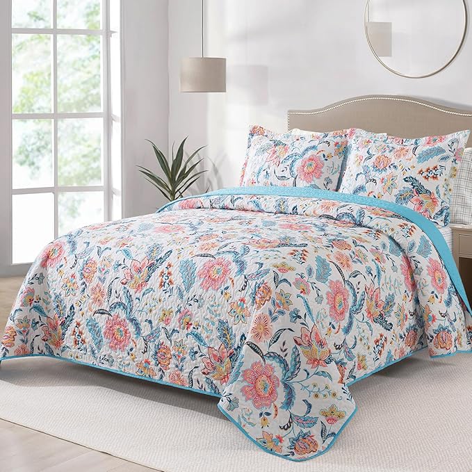 BEDIFANY Garden Cotton Filling King Size Quilt Set - Lightweight Bedspreads King Size (98 x 106 inch) with Colorful Floral Pattern - Farmhouse King Quilt Bedding Sets for Bed Coverlet, 3 Pieces