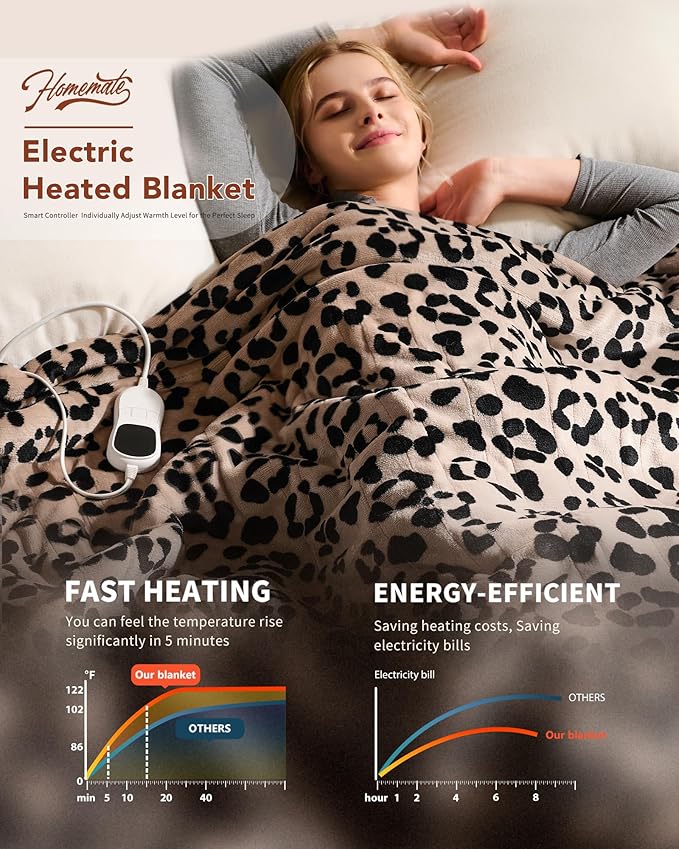 Homemate Electric Heated Blanket Full Size - 72"x84" Heating Blanket Full Size 1/2/4/6/8 Hours Auto-Off 10 Heat Level Over-Heat Protection Flannel Sherpa ETL Certification