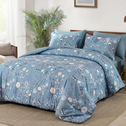 Yiran Blue Comforter Set Queen Size, 7 Piece Floral Comforter Bedding Set, Botanical Farmhouse Bed in a Bag, Soft Microfiber Complete Bedding Set with Sheets for All Season