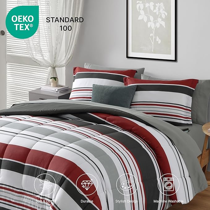 Monbix King Size Comforter Set - 7 Pieces Bed in a Bag King, Red and Black-Stripe Bedding Sets, All Seasons Comforter Bed Set with Sheets, Pillowcases & Shams