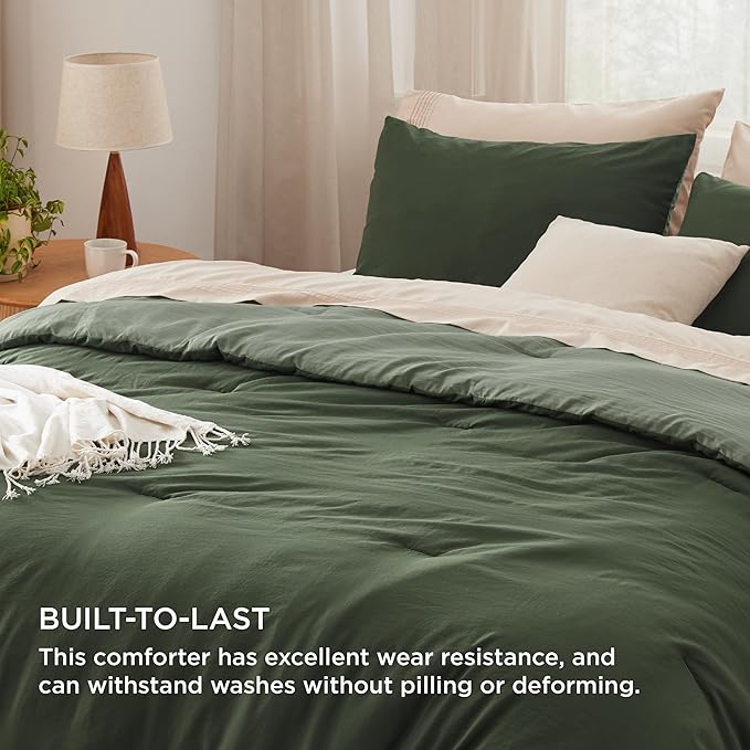 Bedsure Queen Comforter Set, Dark Olive Green Soft Prewashed Bedding for All Seasons, 3 Pieces GentleSoft™ Bed Set, 1 Lightweight Comforter (90"x90") and 2 Pillowcases (20"x26")