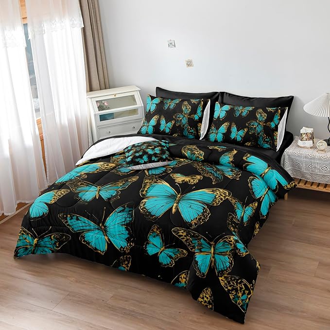 Black Gold Bedroom Comforter Set Teal Aqua Bedding Sets King Size Blue Butterfly Boho Chic Comforter Super Soft Cozy Black Bed in A Bag