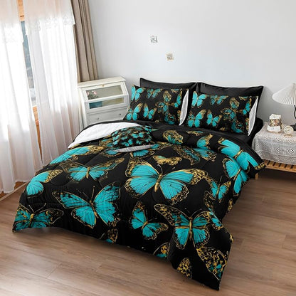Black Gold Bedroom Comforter Set Teal Aqua Bedding Sets King Size Blue Butterfly Boho Chic Comforter Super Soft Cozy Black Bed in A Bag