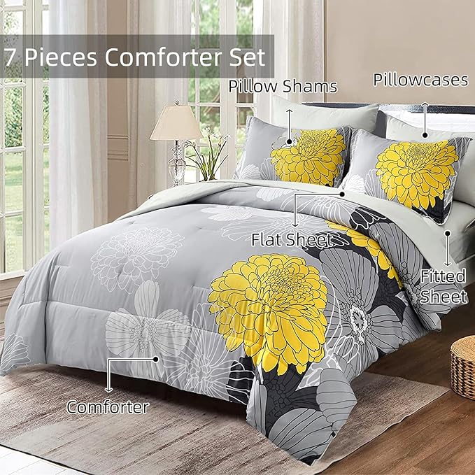 Yiran 7 Pieces Bed in a Bag Yellow Floral Comforter Set Flowers Comforter Sets Soft Microfiber Bedding Set Queen Size (1 Comforter 1 Flat Sheet 1 Fitted Sheet 2 Pillowshams 2 Pillowcases)