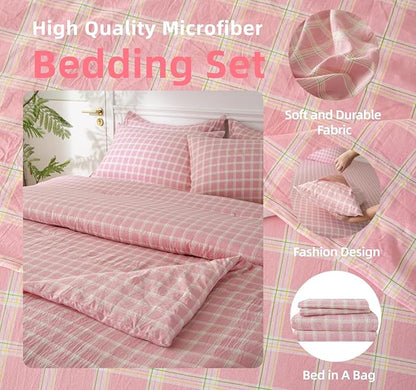 SDY 7PCS Pink Plaid Comforter and Sheet Set Queen Size, Super Soft Microfiber Gingam Bedding Set for Kids Girls Includes 1*Comforter,1* Flat Sheet, 1*Fitted Sheet,2*Pillowcases and 2*PillowcaseShams