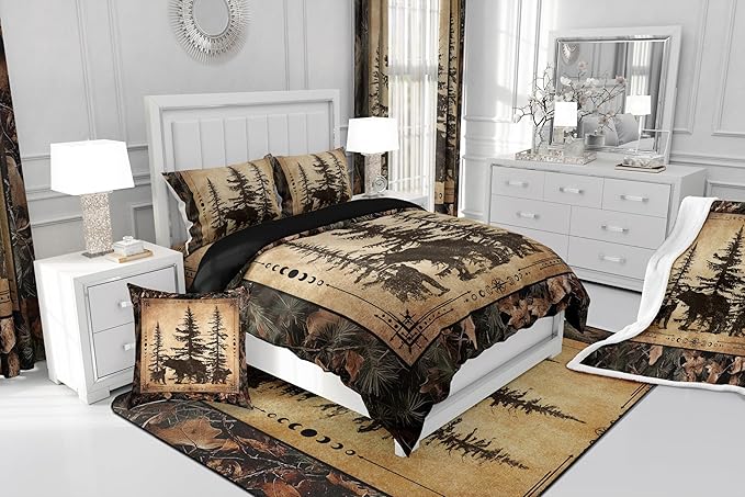 Erosebridal Tree Camo Cabin Comforter Set Twin Rustic Farmhouse Bedding Sets Camouflage Hunting Wildlife Bear Bedding Comforter Sets for Boys Teen Men,Woodland Pine Tree Animal Quilt Set 2 Pcs