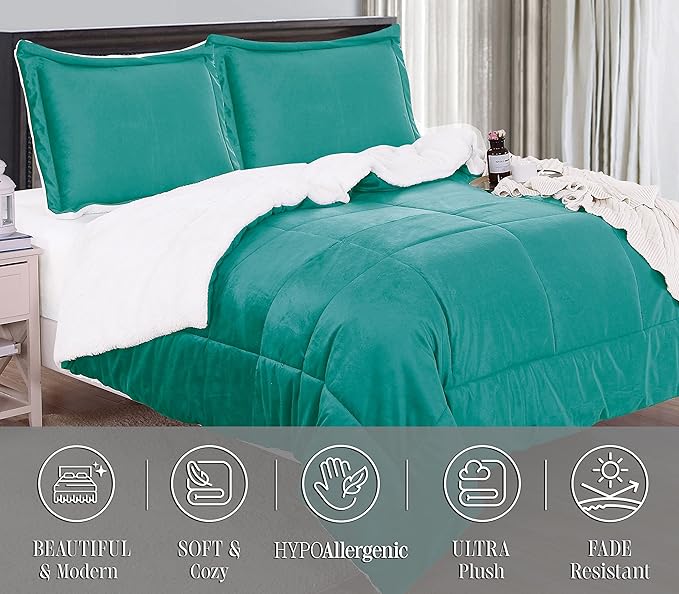 Elegant Comfort Super Soft Sherpa Comforter 3-Piece Set Premium Quality, Heavy Weight Reversible Down Alternative Micro-Suede, Sherpa Comforter, Cal King, Tropical Teal
